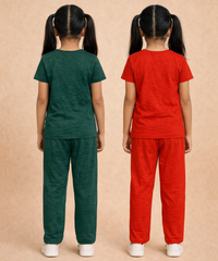 Girls Textured Polyester Co-ord Set | Half Sleeve Top & Pants | Pack of 2 Pieces