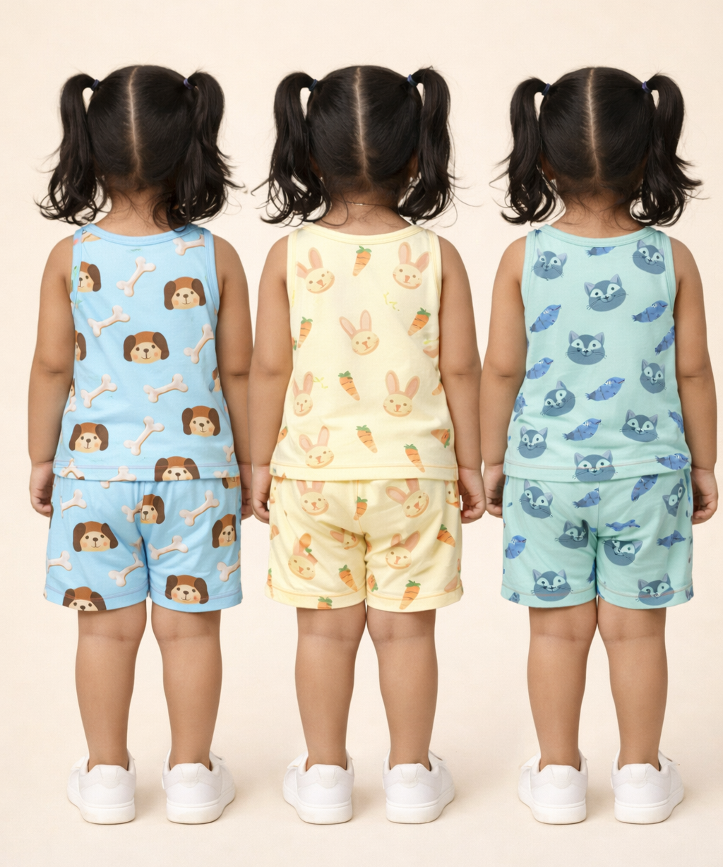 Girls Cotton Cartoon Printed Kids Sleeveless Set Combo | Age 0 to 3 Years | Sleeveless T-shirt & Shorts Co-ord Set (Pack of 3 Sets)