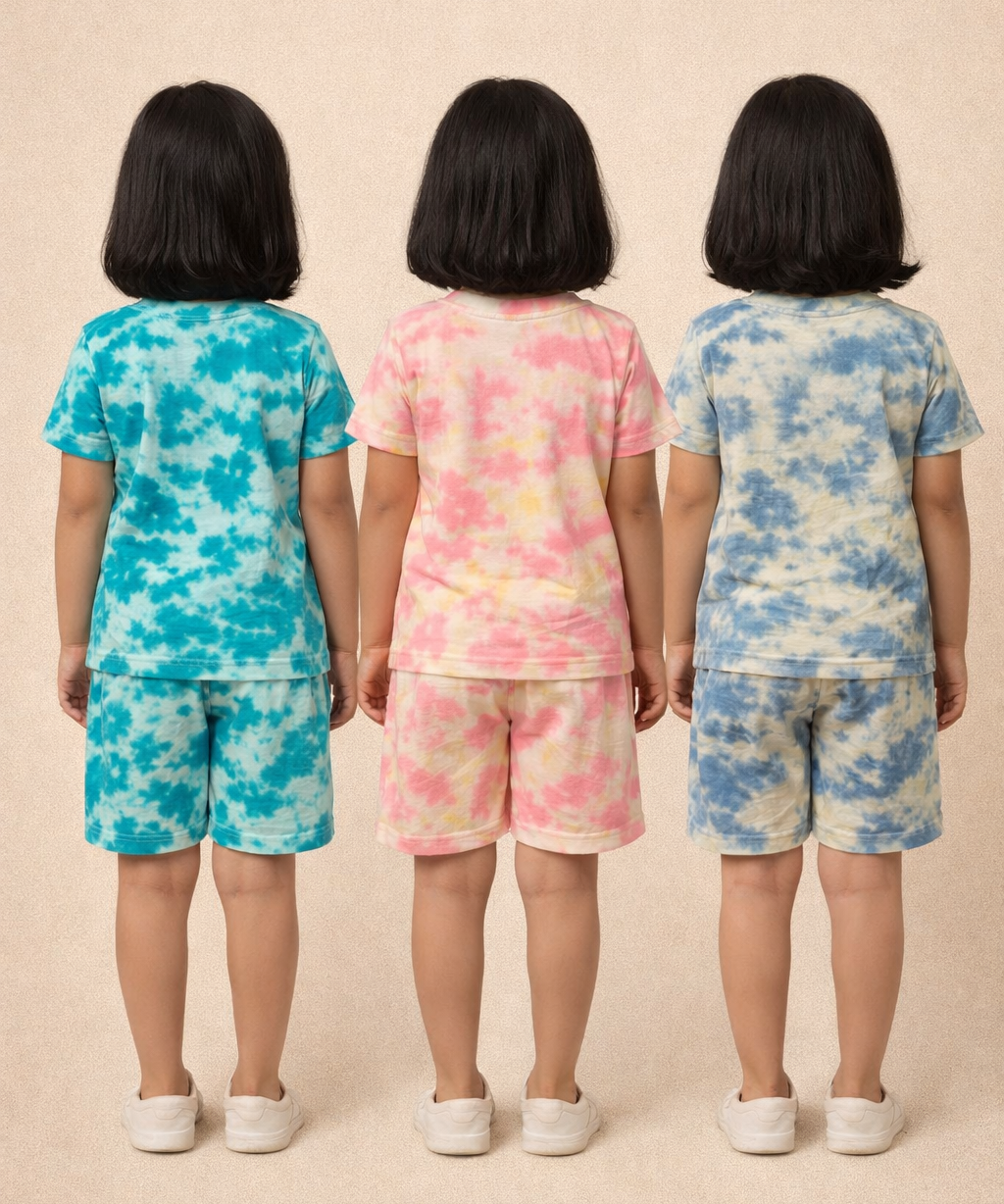 Kids Girls Tie-Dye Cloud Print Cotton T-Shirt & Shorts Co-ord Set | Pack of 3 Pieces | Age 1–4 Years