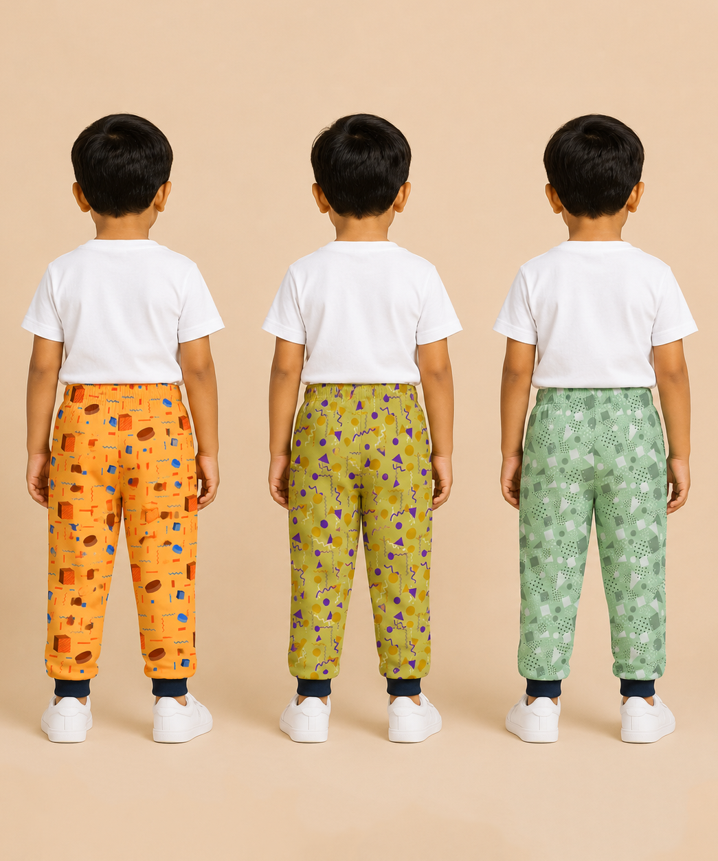 Kids Printed Cotton Track Pants with Cuff for Boys | Soft Elastic Waist Full Length Joggers | Age 6 Months-5 Years | Pack of 3 Pieces