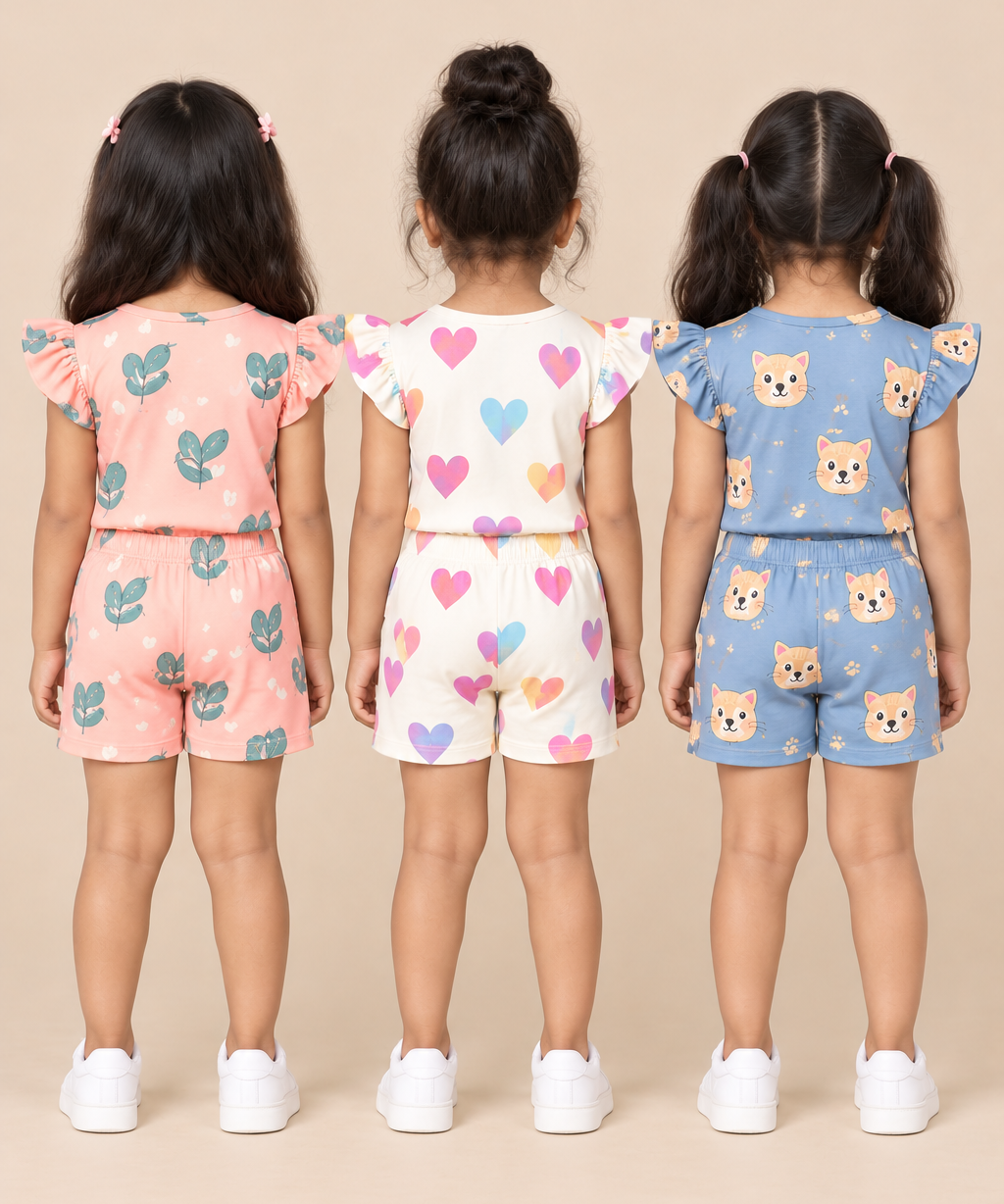 Girls All Over Printed | Flutter Sleeve Tshirt and Shorts Co-ord Set | Age 0 to 3 Years (Pack of 3 Sets)