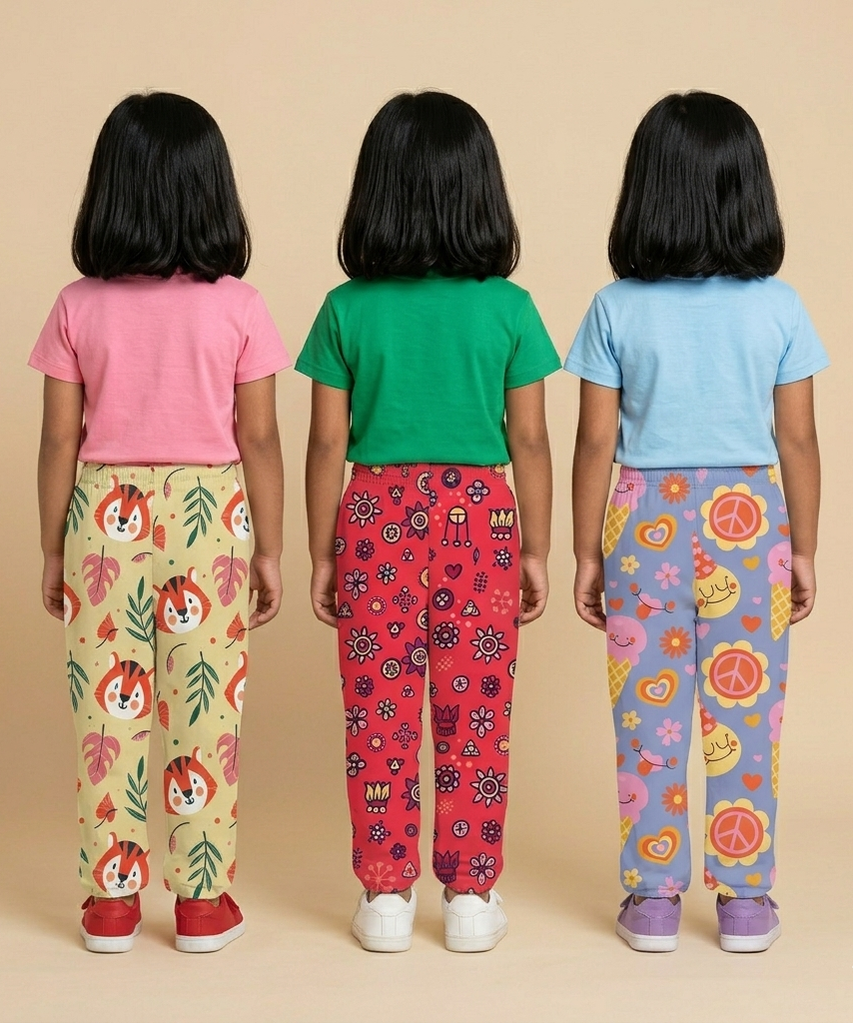 Pure Cotton Girls Printed Track Pant for Casual Night wear for Kids | Age 0 To 8 Years (Pack of 3)