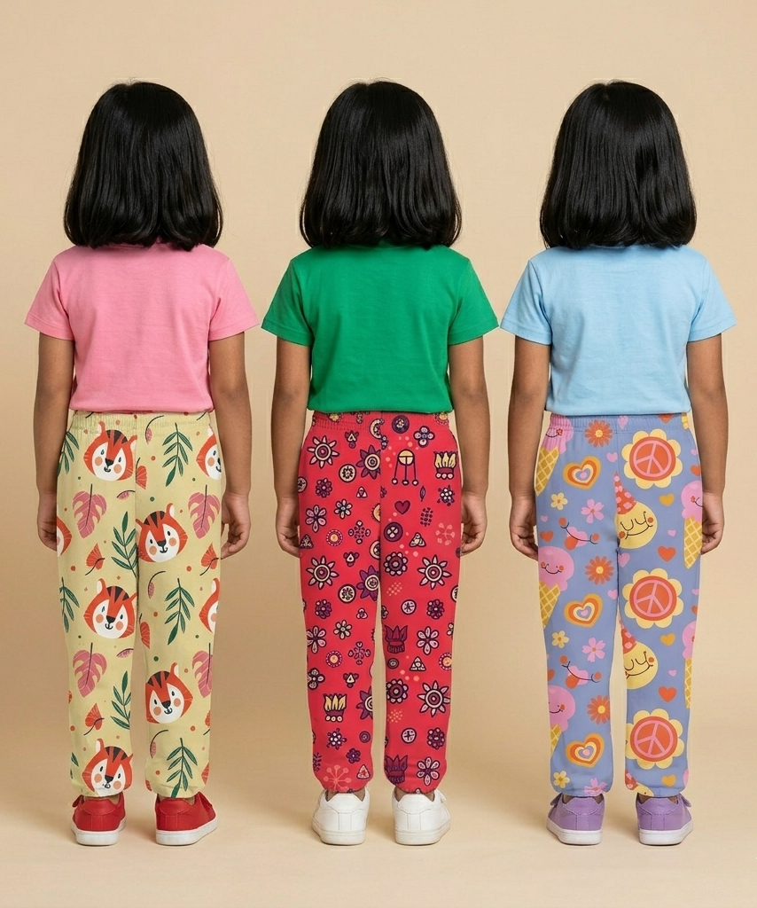 Pure Cotton Girls Printed Track Pant for Casual Night wear for Kids | Age 0 To 8 Years (Pack of 3)