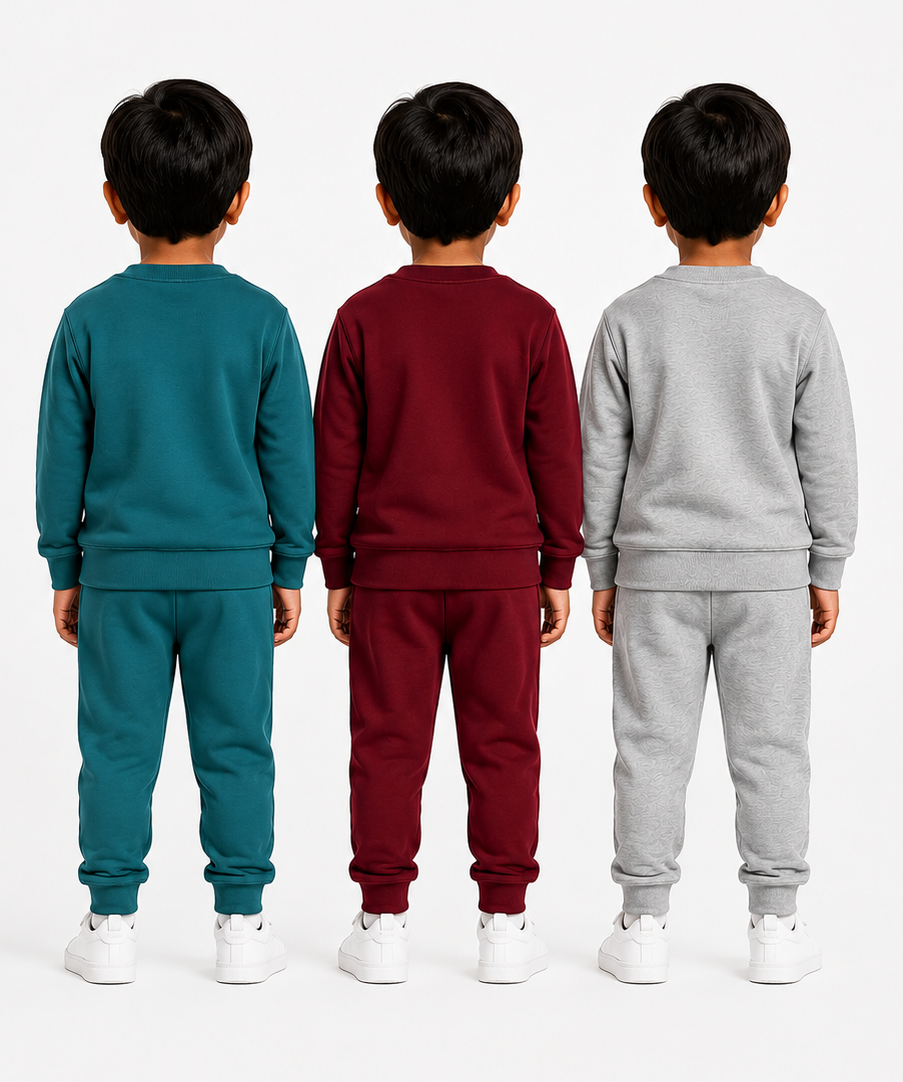 Boys Full Sleeve Cotton Winter Co-Ord Set | Typography Chest Printed Sweatshirt & Jogger Track Pant | Age 1 to 4 Years (Pack of 3 Sets)