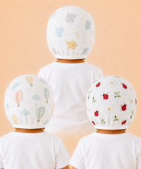 Baby Muslin Cotton Printed Bonnet Cap with Chin Tie – Soft & Comfortable Infant Headwear | 0–12 Months (Pack of 3)