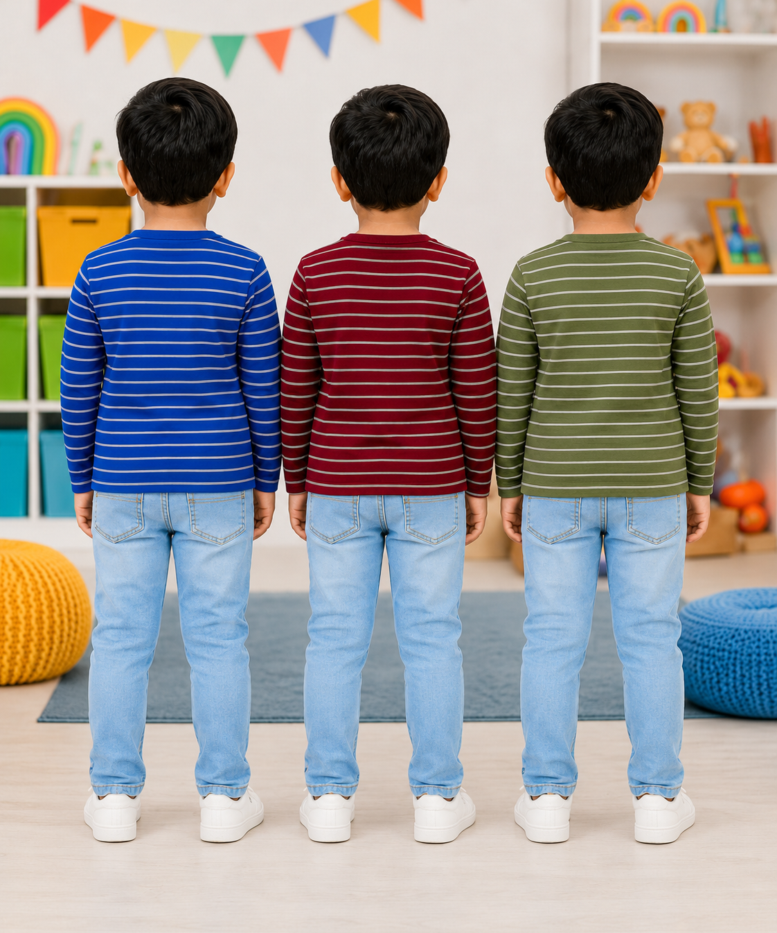 Kids Stripes Full Sleeve Cotton Tshirt | Age 0 to 3 Years (Pack of 3 Pieces)