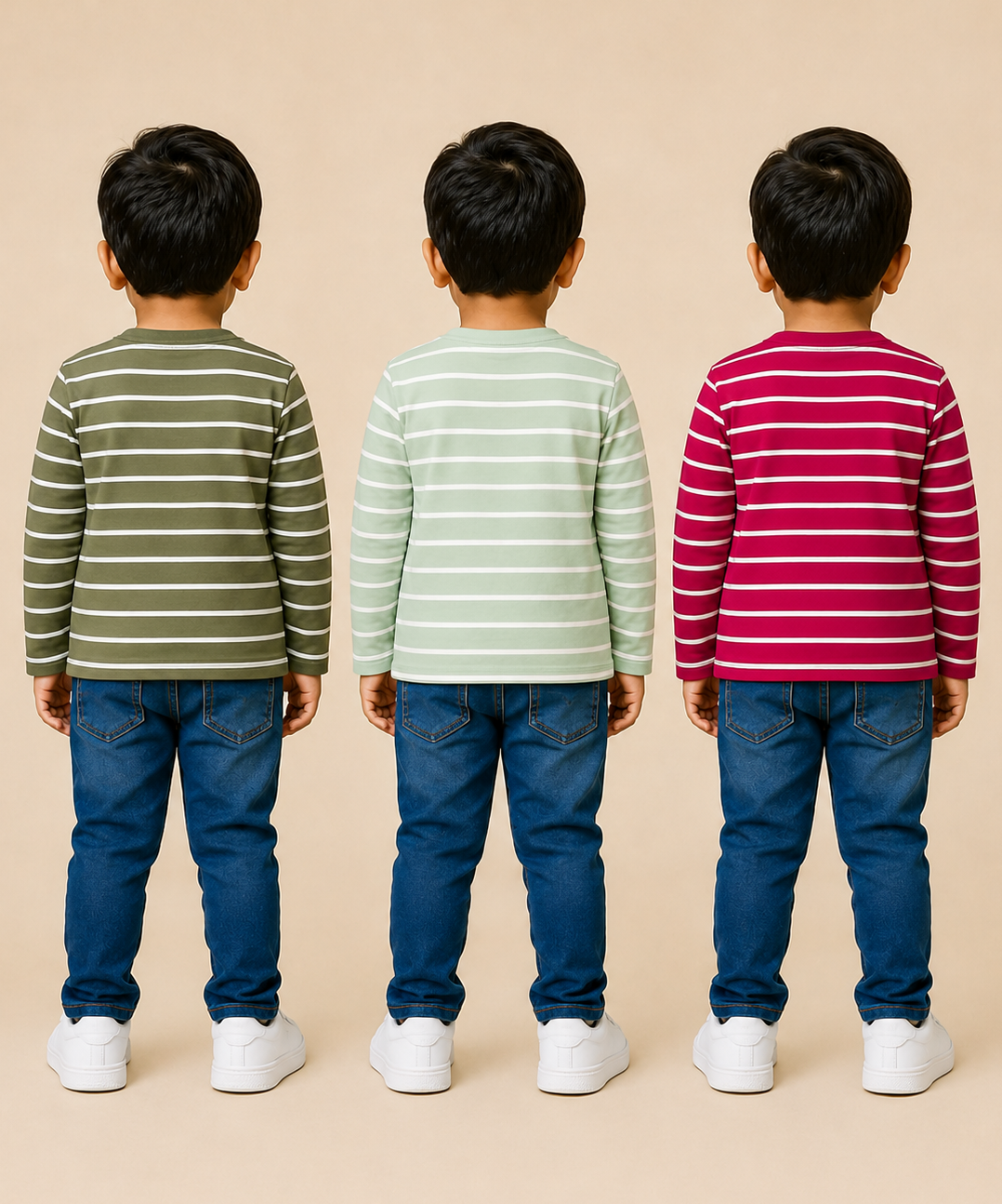 Kids Boys Cotton Stripes Full Sleeve T-shirt | Age 0-3 Years (Pack of 3)