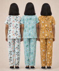 Girl Kids All Over Printed Co-ord Set | Tshirt and Pant | Age 2 to 10 Years (Pack of 3 Sets)