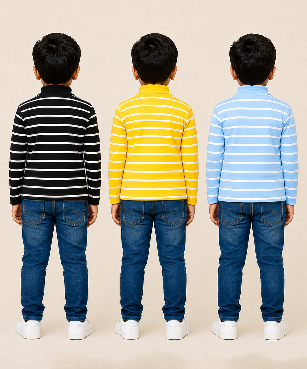 Kids Boys Full Sleeve Hi-Neck Stripes Rib T-shirt | Age 9 to 24 Months | Pack of 3 Pieces