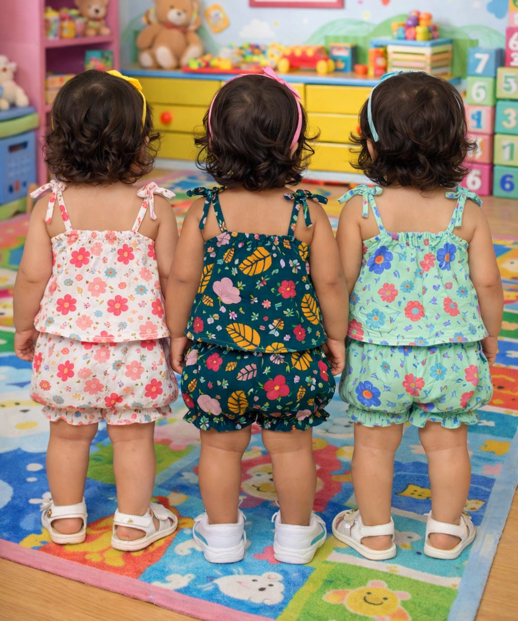 Boy & Girl Baby Printed Top Knot Dress | Top and Shorts Set | 100% Pure Cotton (Pack of 3 Sets Combo)