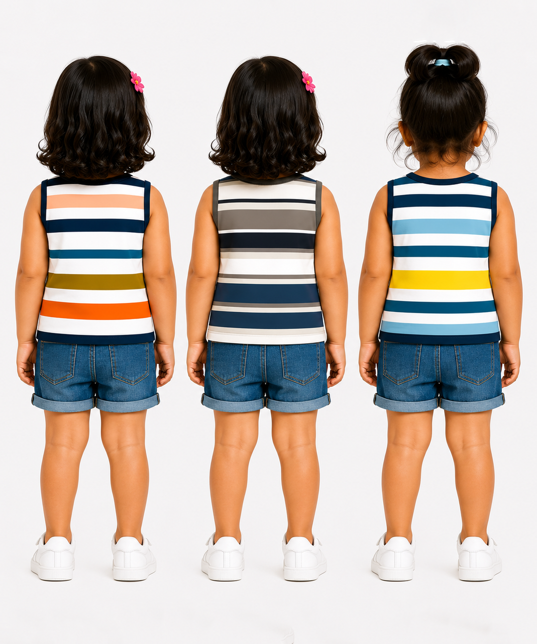 Cotton Stripes Girls Kids Sleeveless Tshirt (Pack of 3)