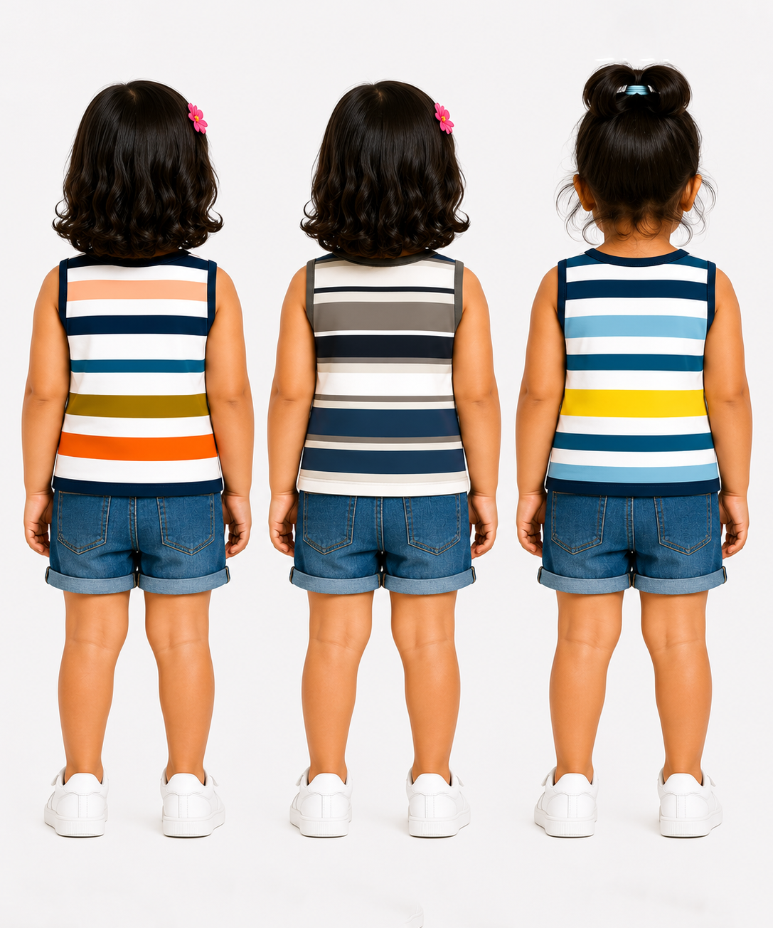 Cotton Stripes Girls Kids Sleeveless Tshirt (Pack of 3)