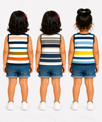 Cotton Stripes Girls Kids Sleeveless Tshirt (Pack of 3)