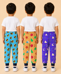 Kids Printed Cotton Track Pants for Boys | Soft Elastic Waist Full Length Joggers | Age 6 Months-5 Years | Pack of 3 Pieces