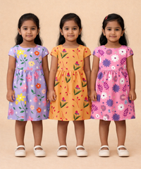 Girl Kids Frock 100% Cotton Floral Printed Gown Dress/Frock Dress | Age 1 to 8 Years (Pack of 3 Pieces)