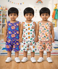 Boys Cotton Cartoon Printed Kids Sleeveless Set Combo | Age 0 to 3 Years | T-shirt & Shorts (Combo Set Pack of 3)
