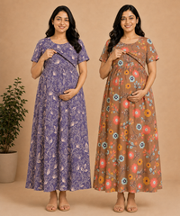 Maternity Feeding Maxi Dress | Nursing Friendly Nighty Style (Pack of 2 Pieces)