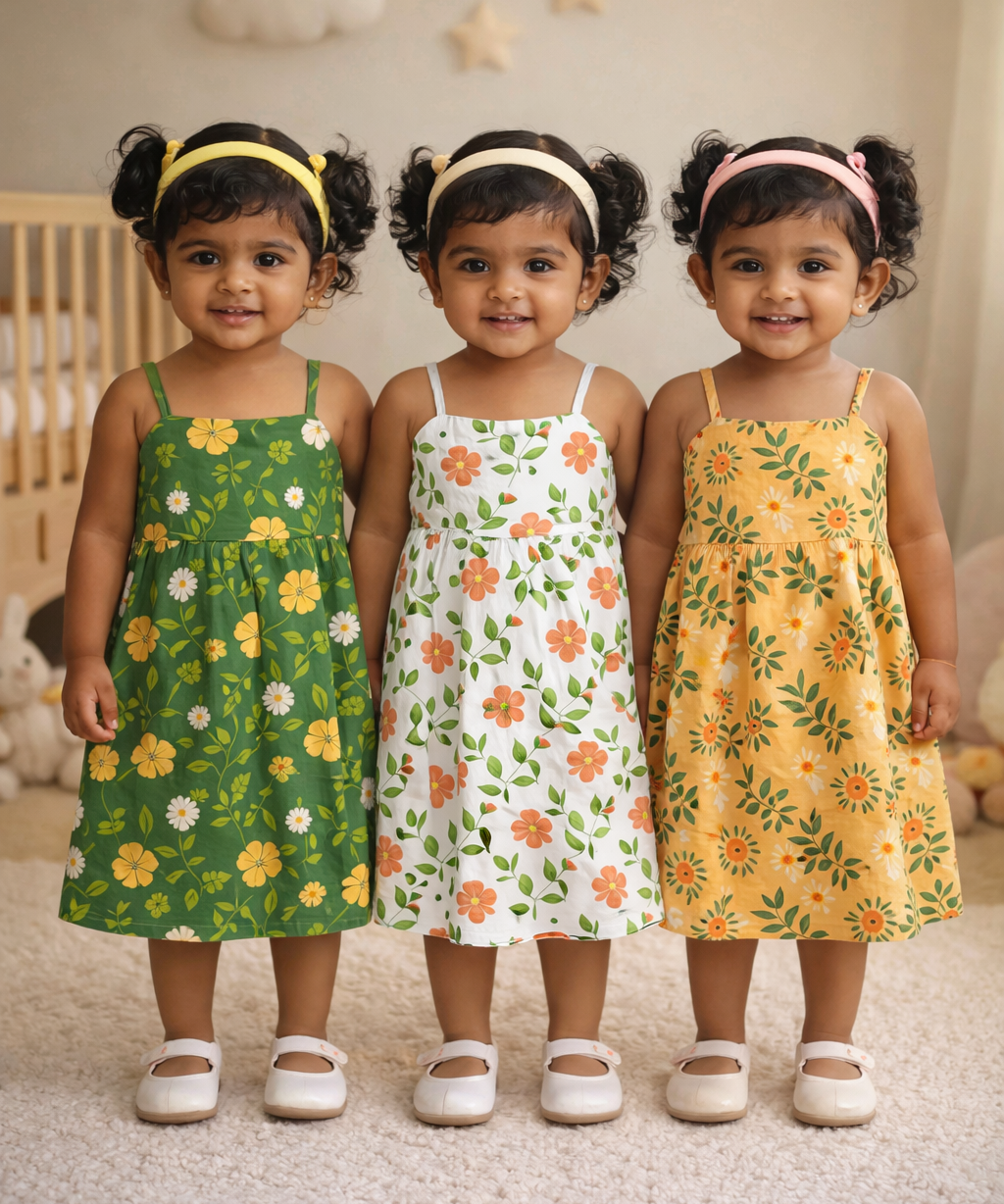 Girl Baby Sleeveless Cotton Frock Printed with Underwear | Age 0 to 6 Months (Pack of 3 Pieces)