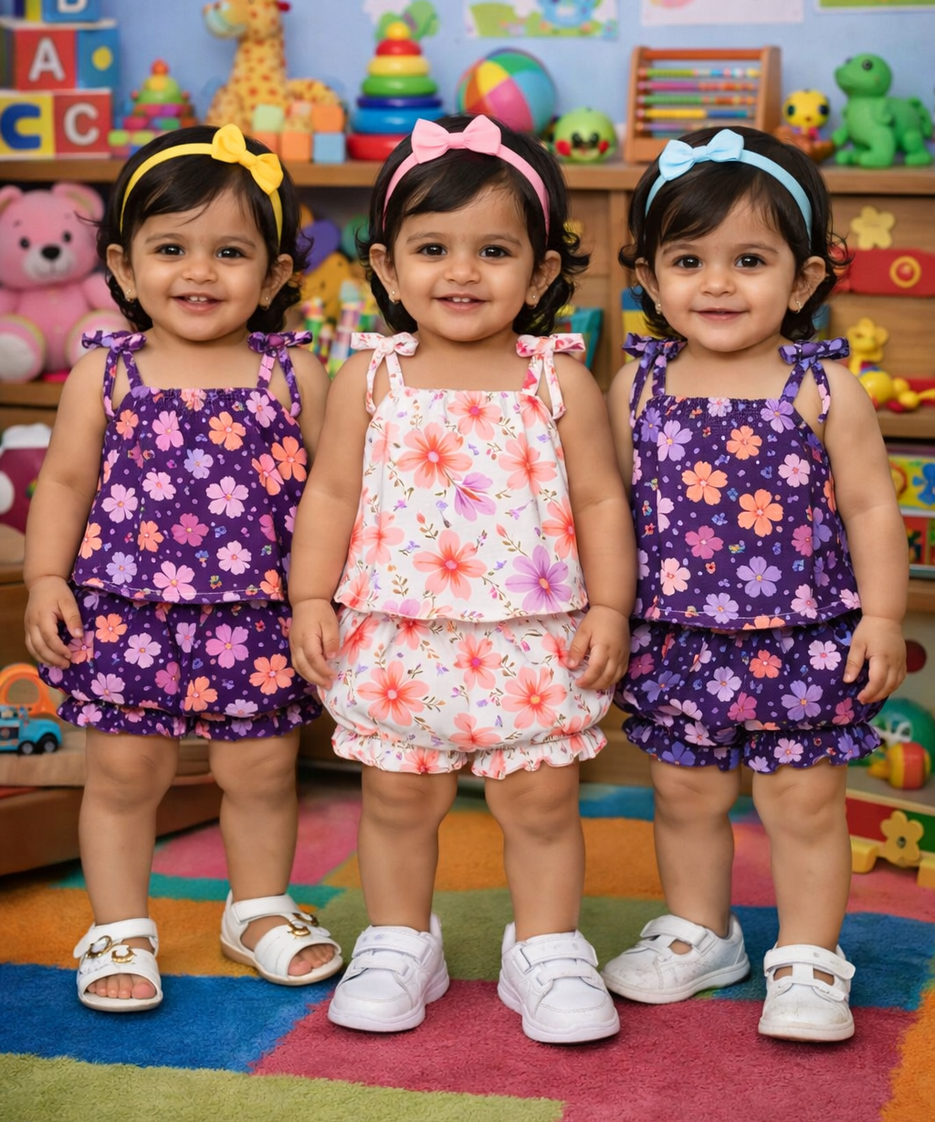 Boy & Girl Baby Printed Top Knot Dress | Top and Shorts Set | 100% Pure Cotton (Pack of 3 Sets Combo)