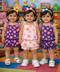 Boy & Girl Baby Printed Top Knot Dress | Top and Shorts Set | 100% Pure Cotton (Pack of 3 Sets Combo)