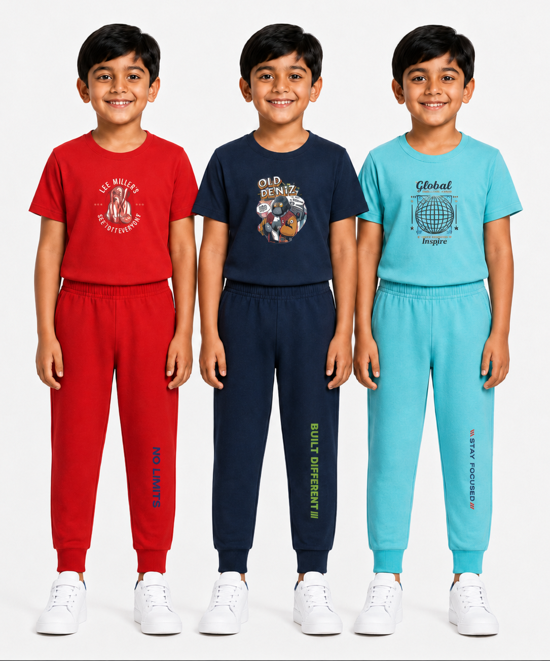 Boys Graphic Printed T-Shirt & Typography Track Pant Co-Ord Set | Age 2-5 Years | Pack Of 3 Set