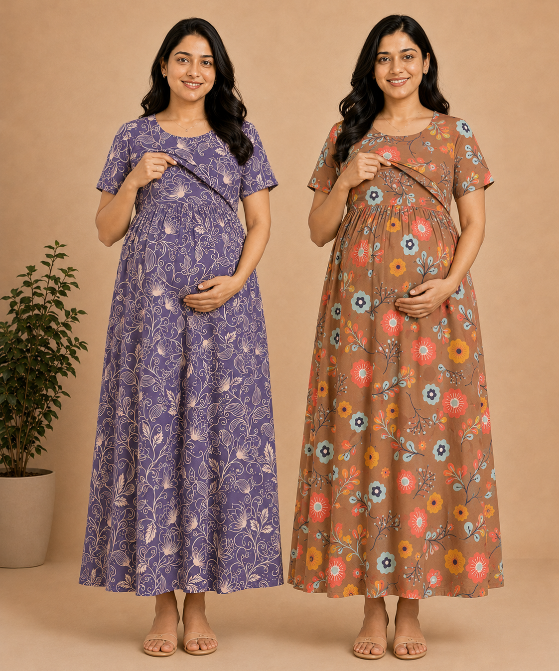 Maternity Feeding Maxi Dress | Nursing Friendly Nighty Style (Pack of 2 Pieces)