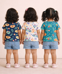 Kids Girls Cotton Printed T-shirt | 0 to 3 Years (Pack Of 3 Pieces)