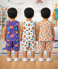 Boys Cotton Cartoon Printed Kids Sleeveless Set Combo | Age 0 to 3 Years | T-shirt & Shorts (Combo Set Pack of 3)