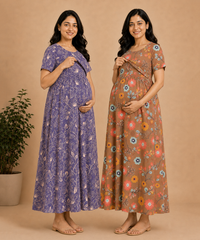 Maternity Feeding Maxi Dress | Nursing Friendly Nighty Style (Pack of 2 Pieces)