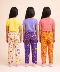 Girls Cotton Printed Track Pants (Pack of 3) | Nightwear & Casual | 6–9 Years