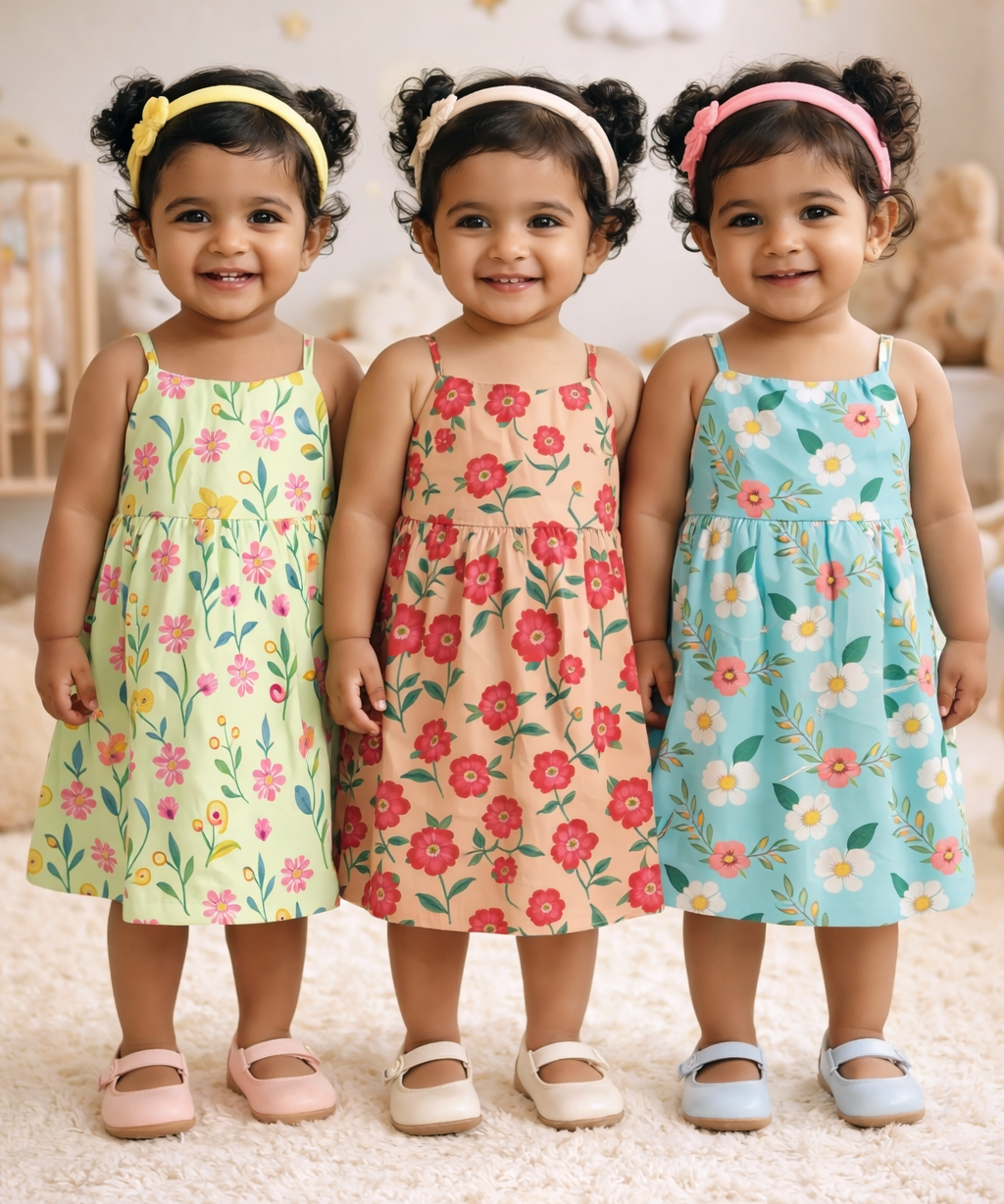 Girl Baby Sleeveless Cotton Frock Printed with Underwear | Age 0 to 6 Months (Pack of 3 Pieces)