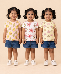 Kids Girls Cotton Printed T-shirt | 0 to 3 Years (Pack Of 3 Pieces)