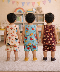 Boys Cotton Cartoon Printed Kids Sleeveless Set Combo | Age 0 to 3 Years | T-shirt & Shorts (Combo Set Pack of 3)