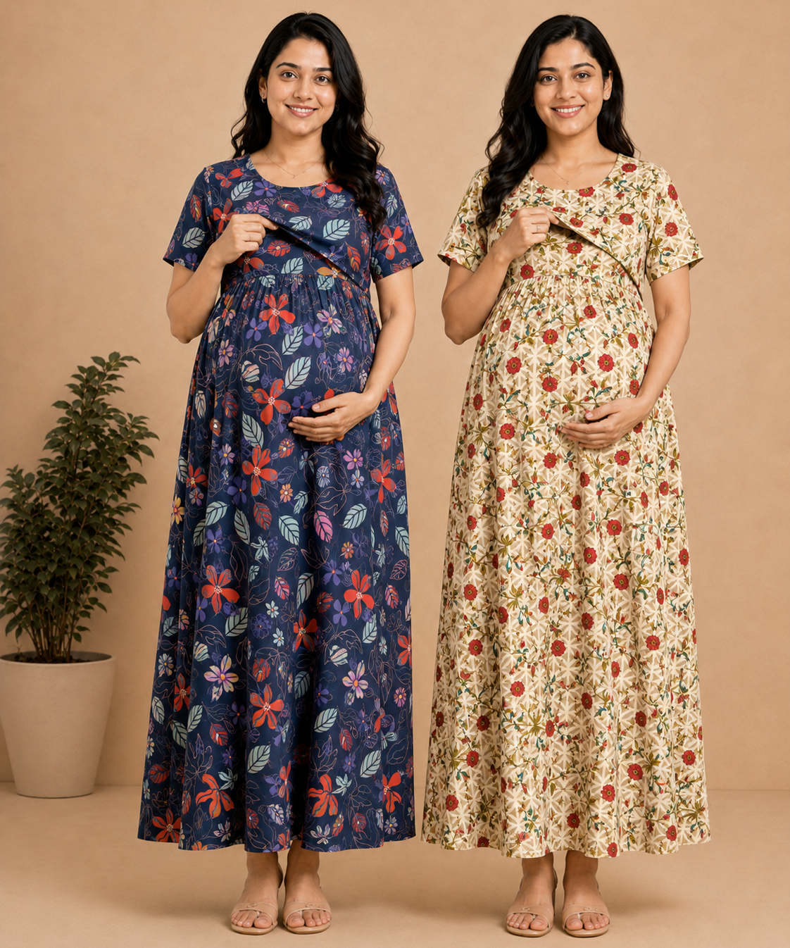 Maternity Feeding Maxi Dress | Nursing Friendly Nighty Style (Pack of 2 Pieces)