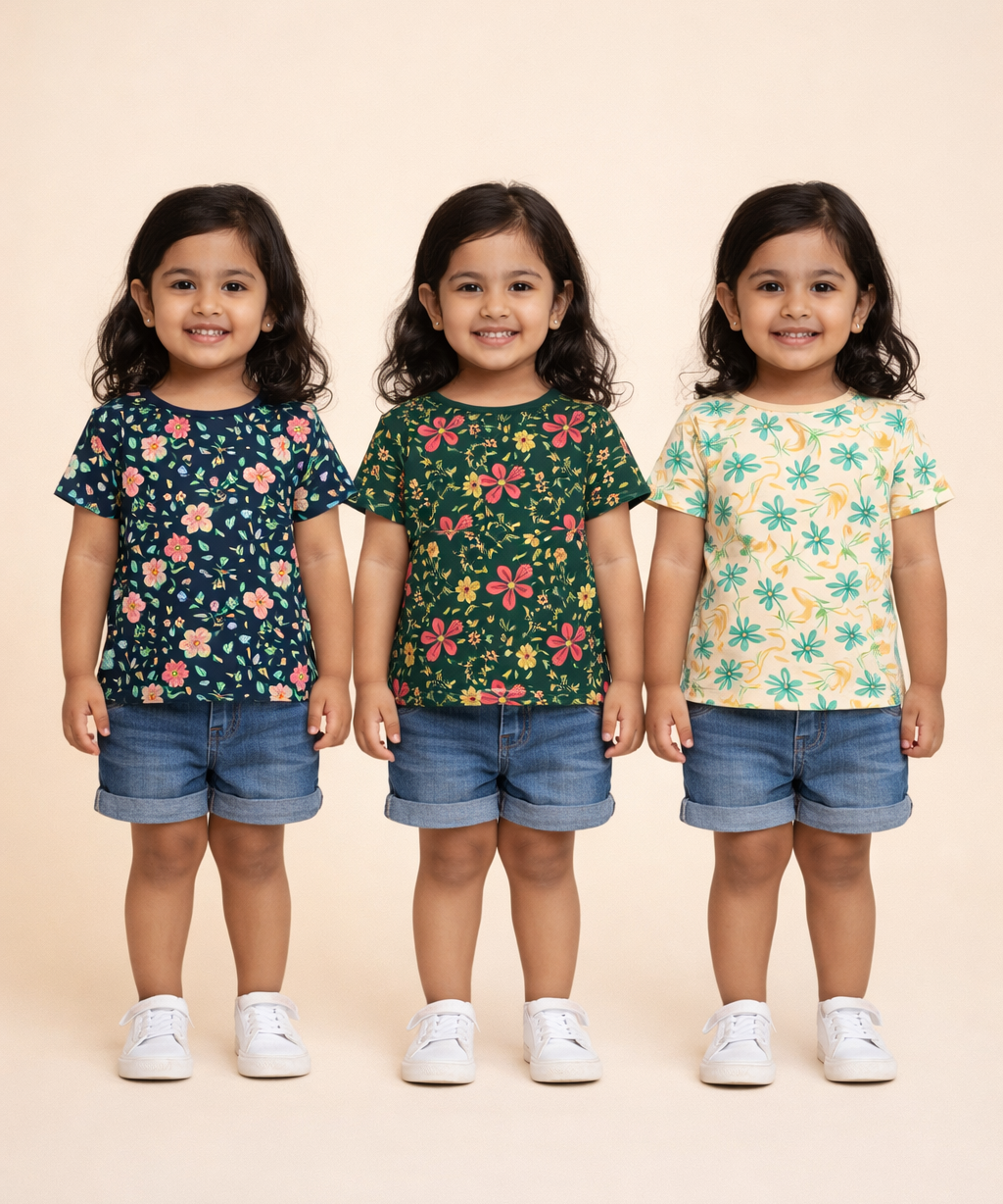 Kids Girls Cotton Printed T-shirt | 0 to 3 Years (Pack Of 3 Pieces)