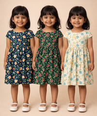 Girl Kids Frock 100% Cotton Floral Printed Gown Dress/Frock Dress | Age 1 to 8 Years (Pack of 3 Pieces)