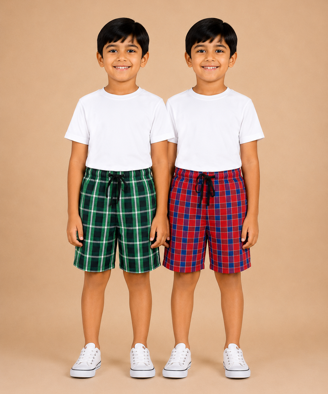 Kids Boys Checkered & Printed Cotton Shorts | Age - 5 to 10 Years | Soft Elastic Waist Casual Shorts | Combo Pack of 2 Pieces