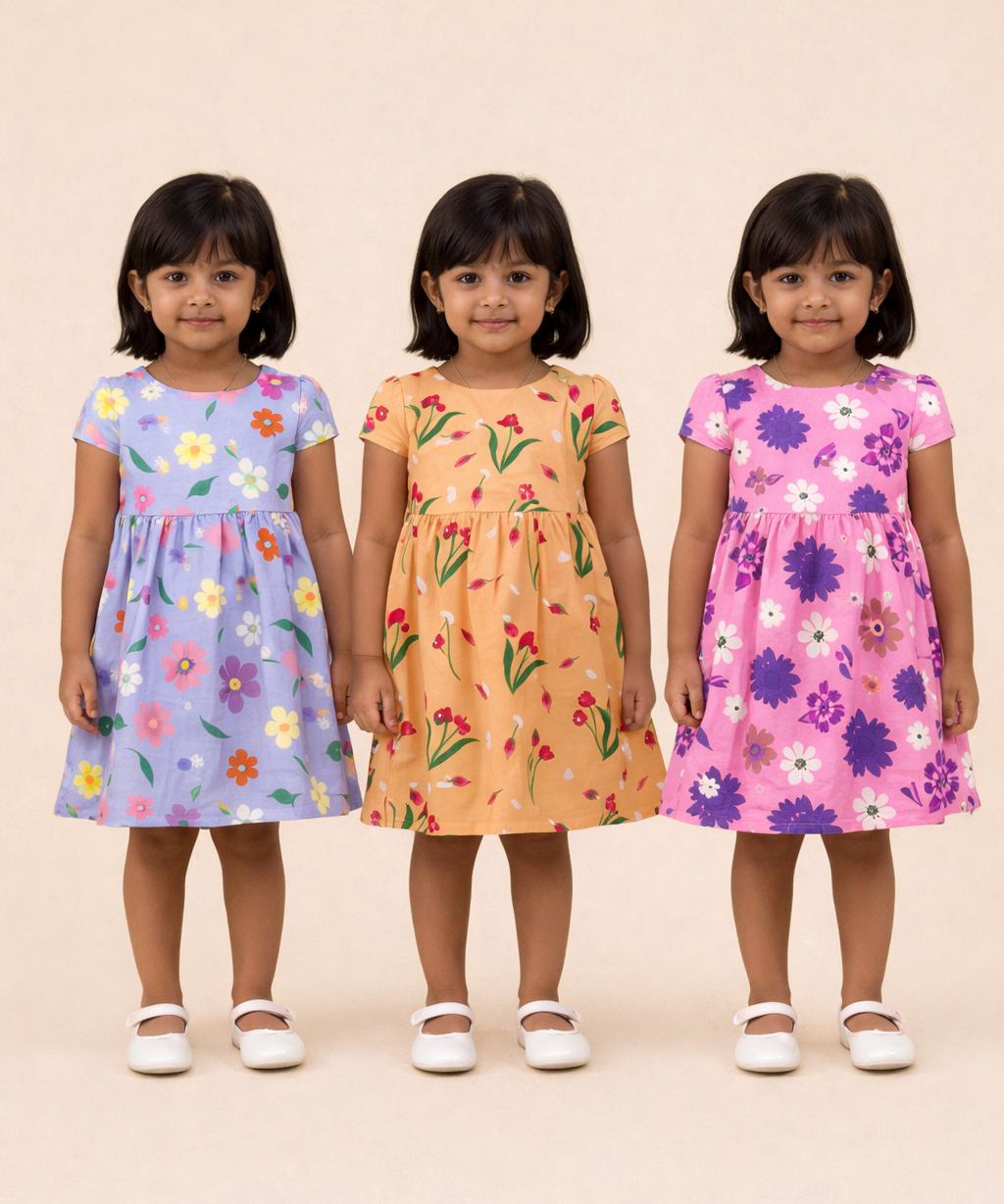 Girl Kids Frock 100% Cotton Floral Printed Gown Dress/Frock Dress | Age 1 to 8 Years (Pack of 3 Pieces)