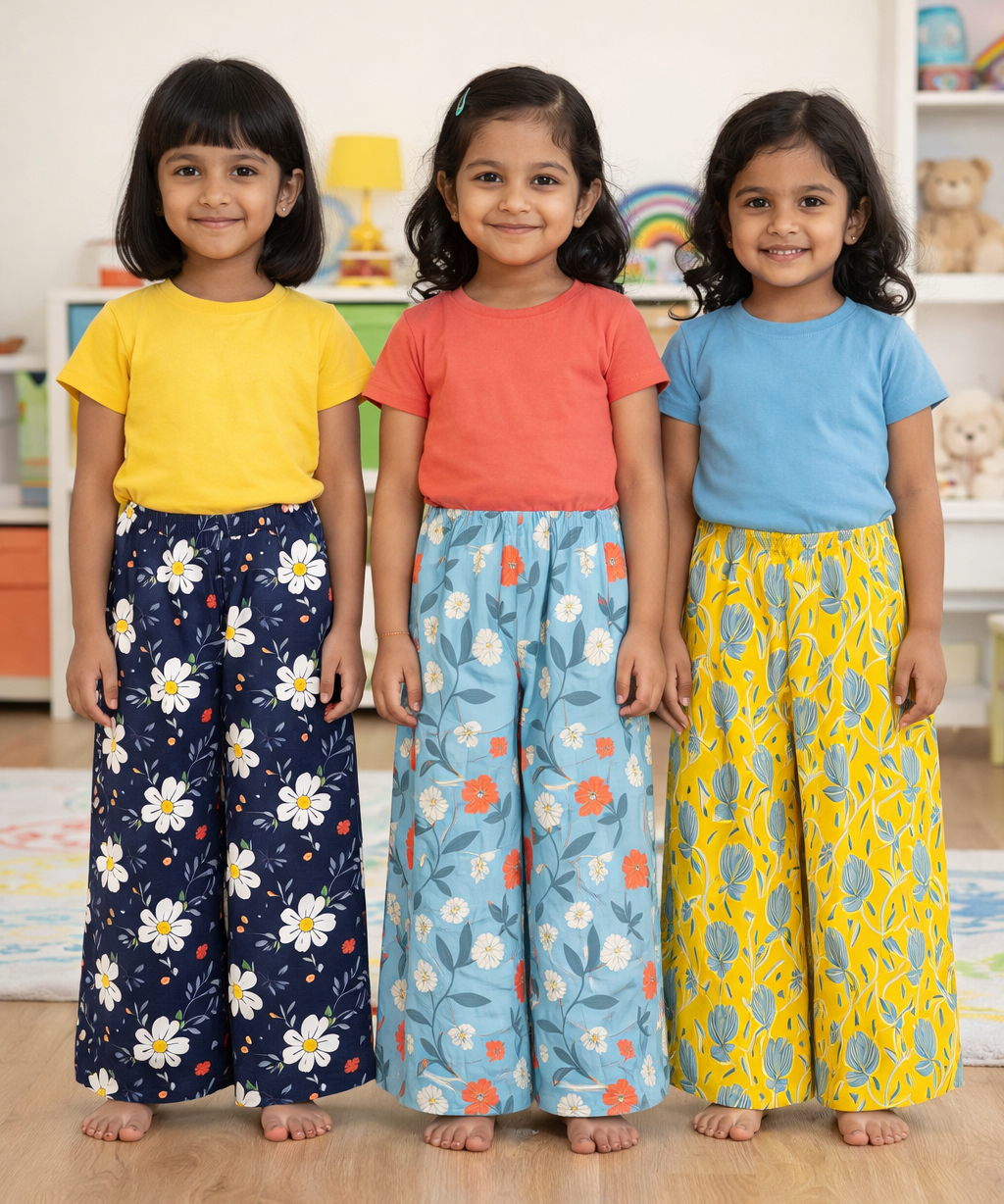 Printed Palazzo Pant | Casual Night wear for Girl Kids Age 4 To 10 Years (Pack of 3)