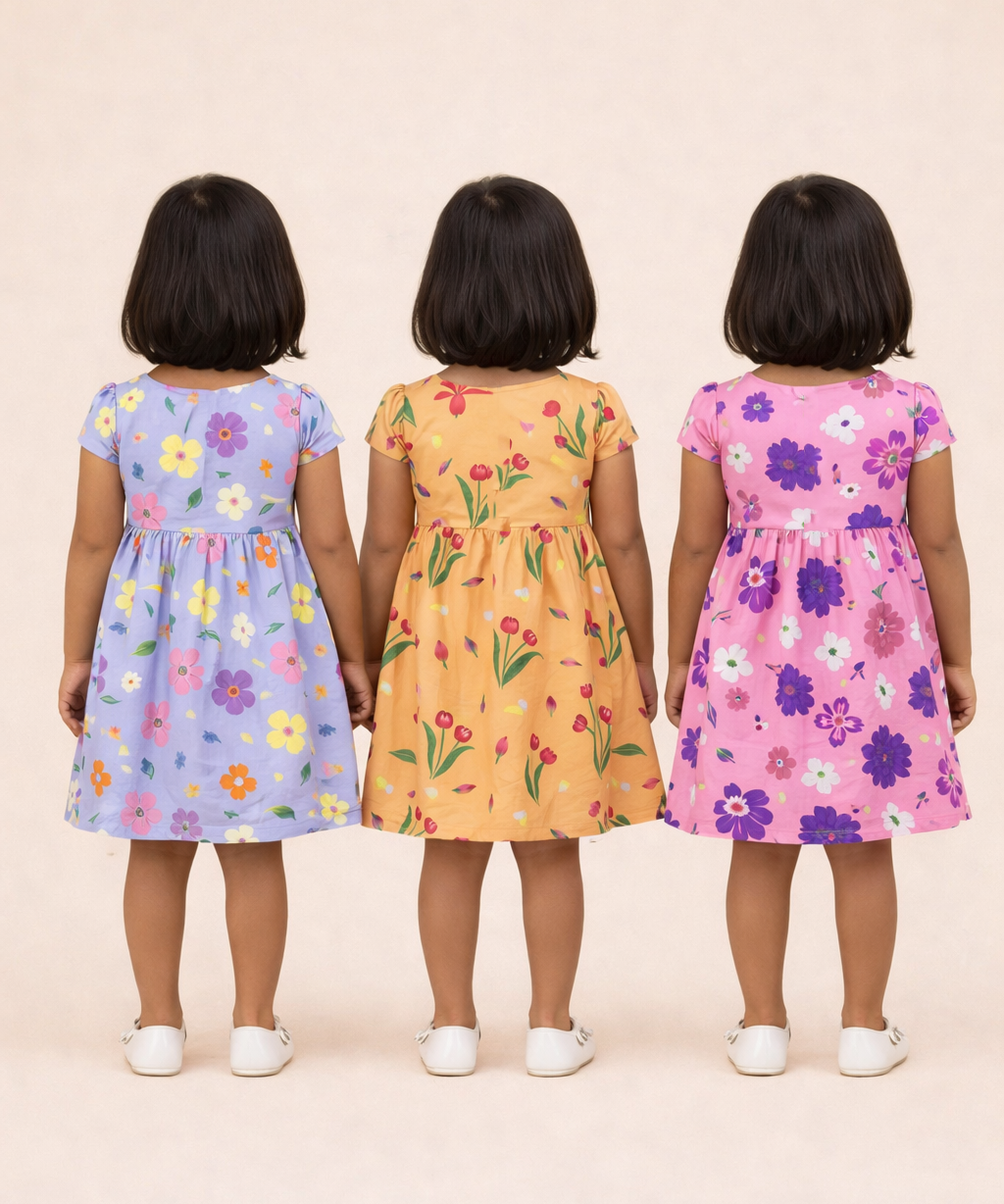 Girl Kids Frock 100% Cotton Floral Printed Gown Dress/Frock Dress | Age 1 to 8 Years (Pack of 3 Pieces)
