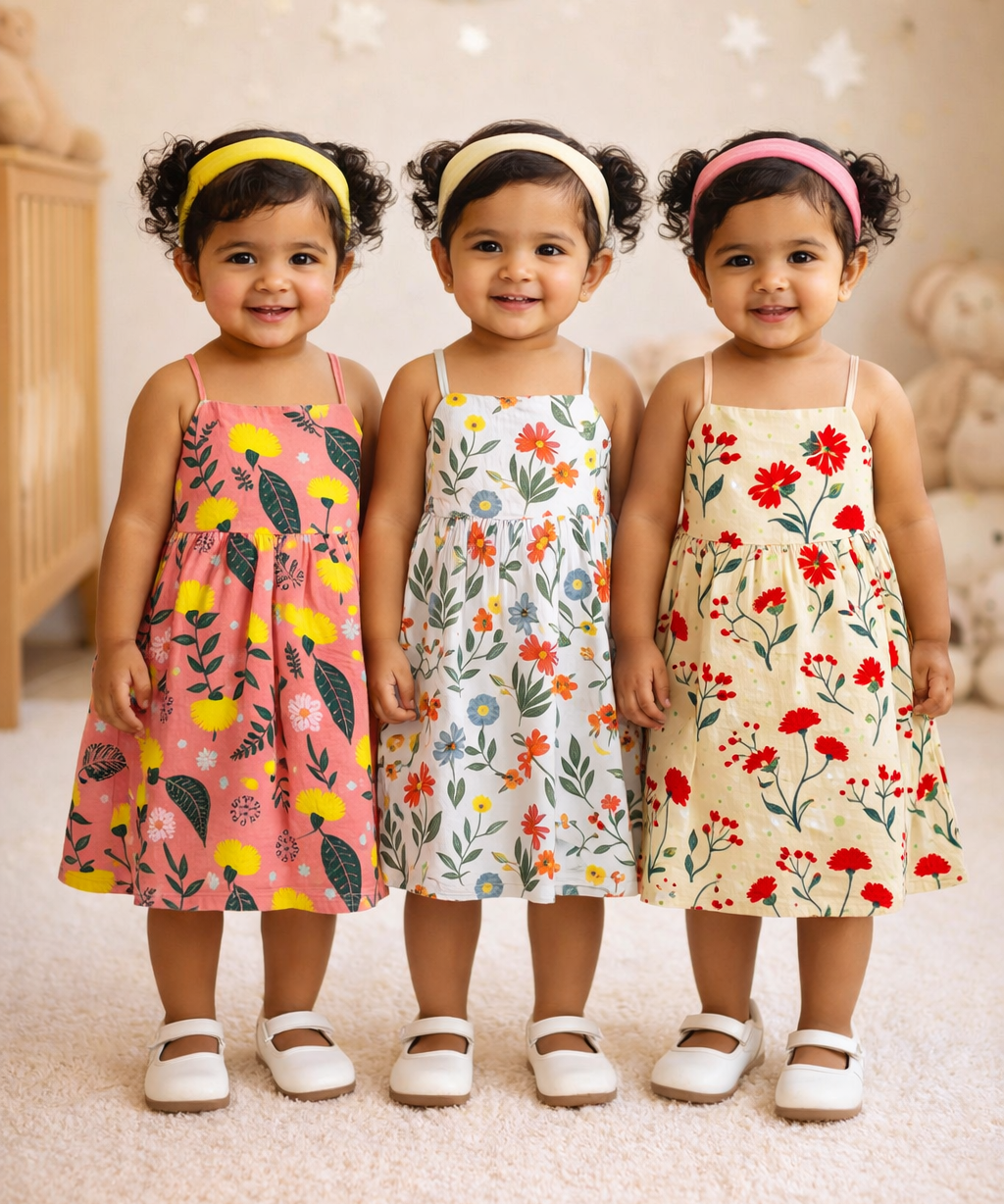 Girl Baby Sleeveless Cotton Frock Printed with Underwear | Age 0 to 6 Months (Pack of 3 Pieces)