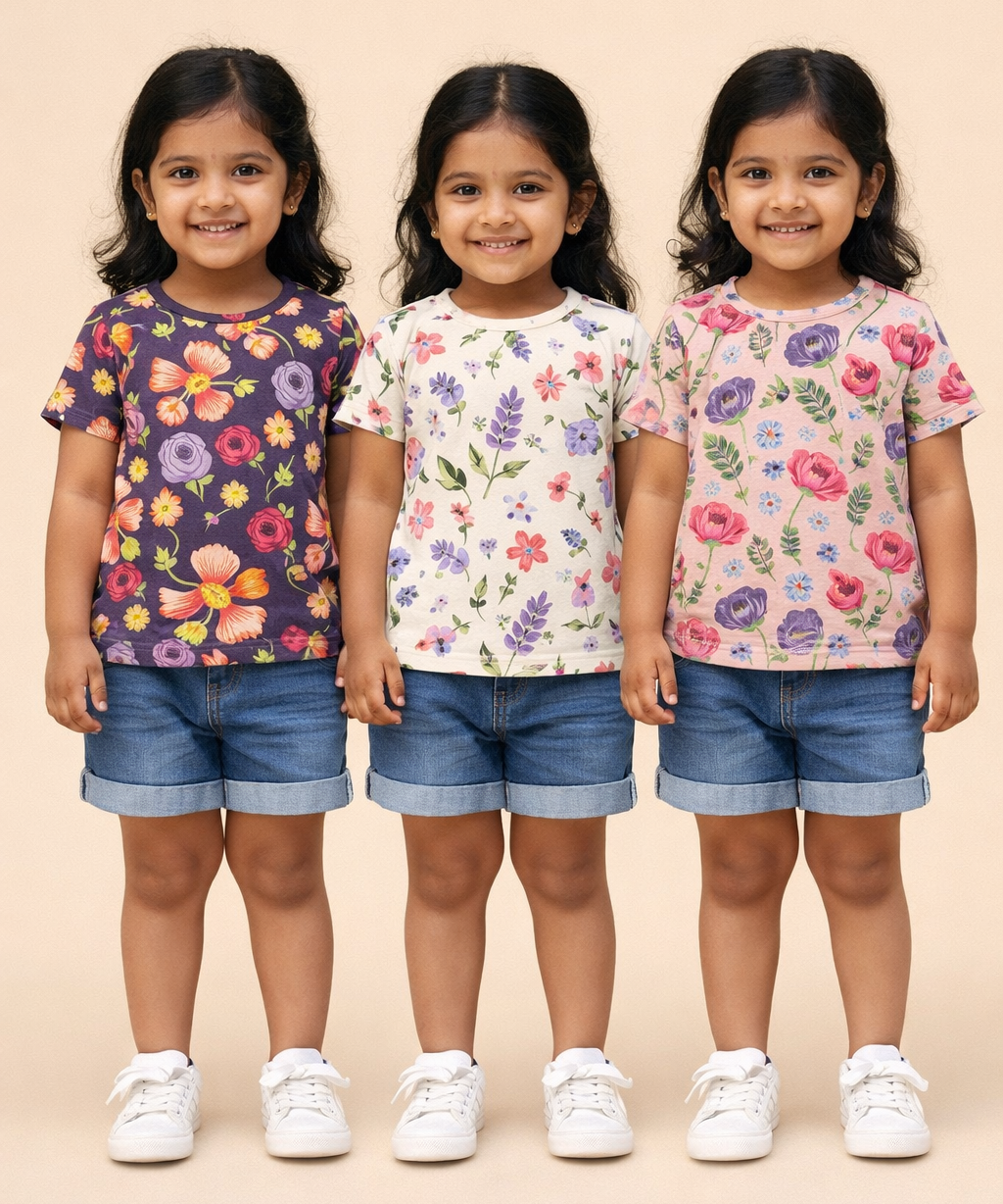 Kids Girls Cotton Printed T-shirt | 0 to 3 Years (Pack Of 3 Pieces)