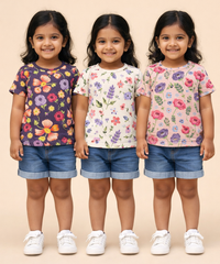 Kids Girls Cotton Printed T-shirt | 0 to 3 Years (Pack Of 3 Pieces)