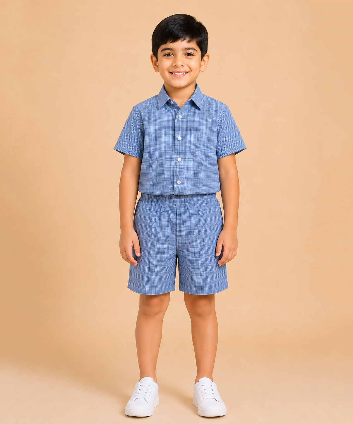 Polyester Checked Shirt and Shorts Set for Boy Kids Casual Wear Half Sleeve Co-Ord Set with Elastic Waist Shorts | Age 6 to 9 Years