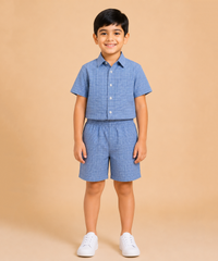 Polyester Checked Shirt and Shorts Set for Boy Kids Casual Wear Half Sleeve Co-Ord Set with Elastic Waist Shorts | Age 6 to 9 Years