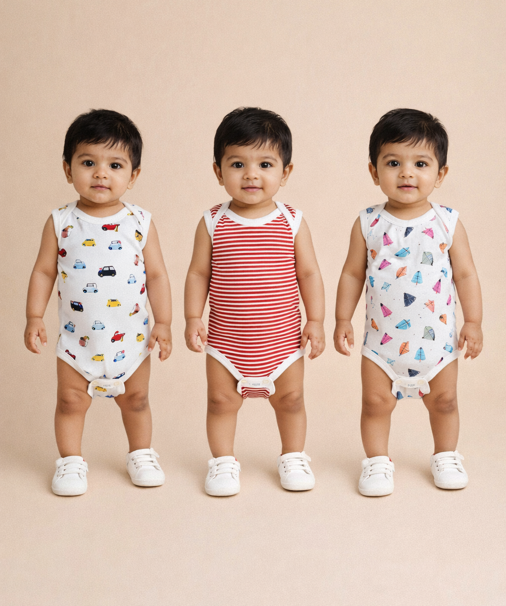 Boy & Girl Baby Sleeveless Bodysuit | 100% Pure Cotton | Age 0-12 Months (Pack of 3 Combo)