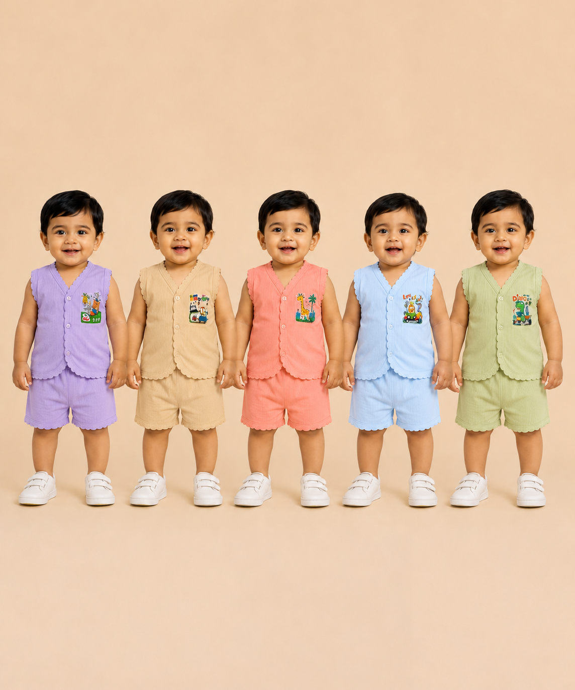 Boy & Girl Babies Poly Cotton Sleeveless Printed Top & Shorts Co-ord Set | 0-6 Months (Pack of 5) - Style 3