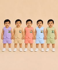Boy & Girl Babies Poly Cotton Sleeveless Printed Top & Shorts Co-ord Set | 0-6 Months (Pack of 5) - Style 3