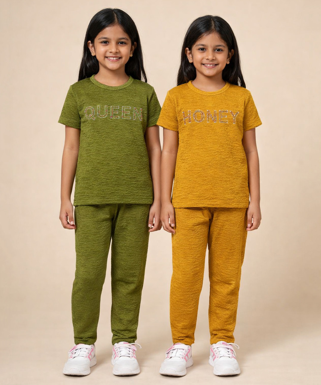 Girls Textured Polyester Co-ord Set | Half Sleeve Top & Pants | Pack of 2 Pieces