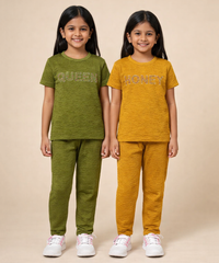 Girls Textured Polyester Co-ord Set | Half Sleeve Top & Pants | Pack of 2 Pieces